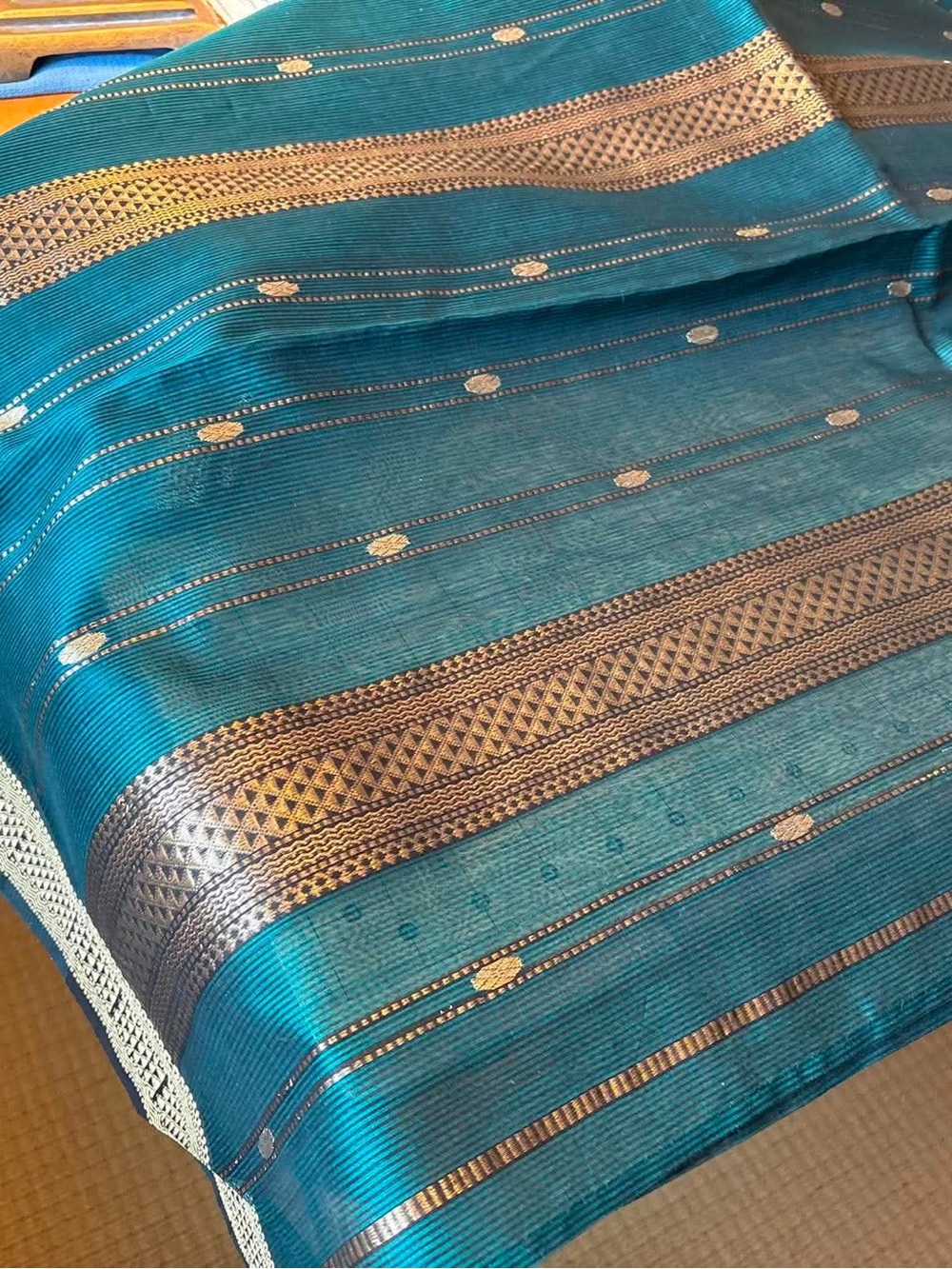 Blue with Gold Border Maheshwari Cotton Saree NO BLOUSE